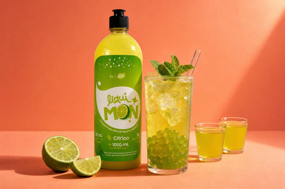 Base cítrica Liquimón by LiquiPops junto a limonada con hielo, menta y perlas explosivas verdes