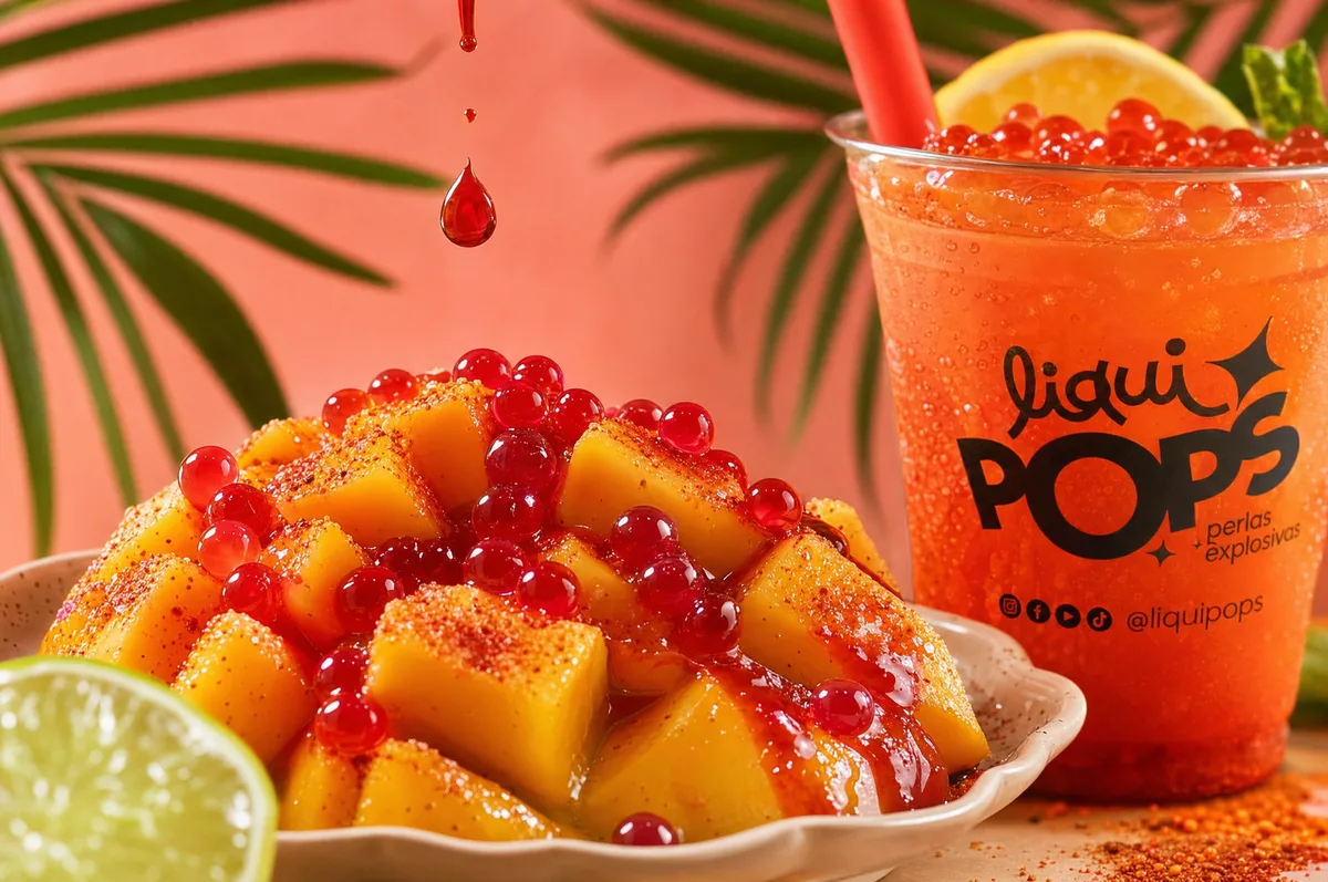 Mango biche con chamoy, chile y perlas explosivas rojas LiquiPops, junto a una soda naranja con perlas — antojo mexicano
