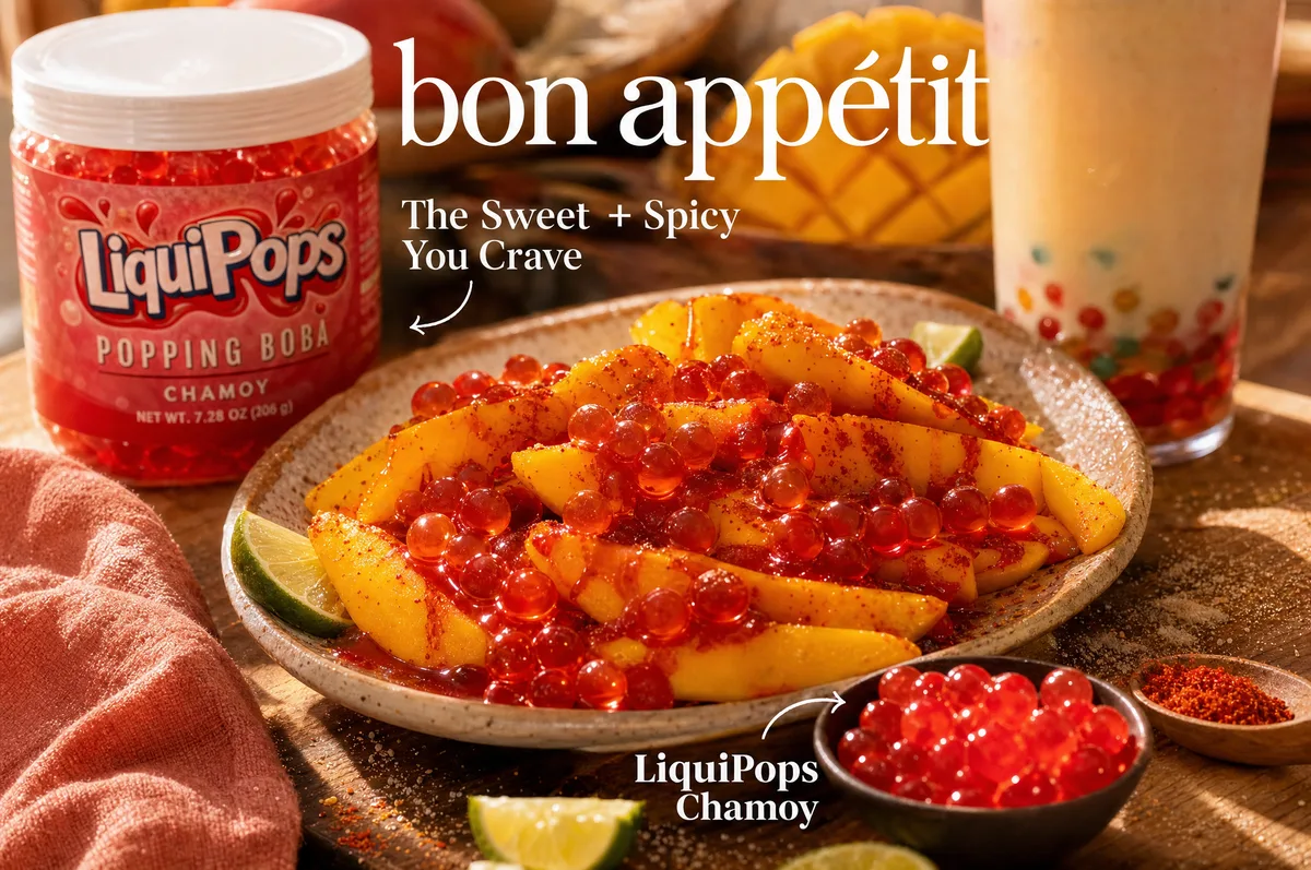 Mango con chamoy LiquiPops y perlas explosivas tipo bon appétit — botana dulce y picante con perlas rojas