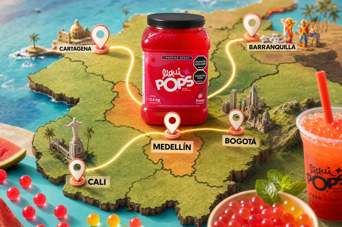 Mapa de Colombia con ciudades y el tarro de perlas explosivas LiquiPops sabor fresa, cobertura nacional