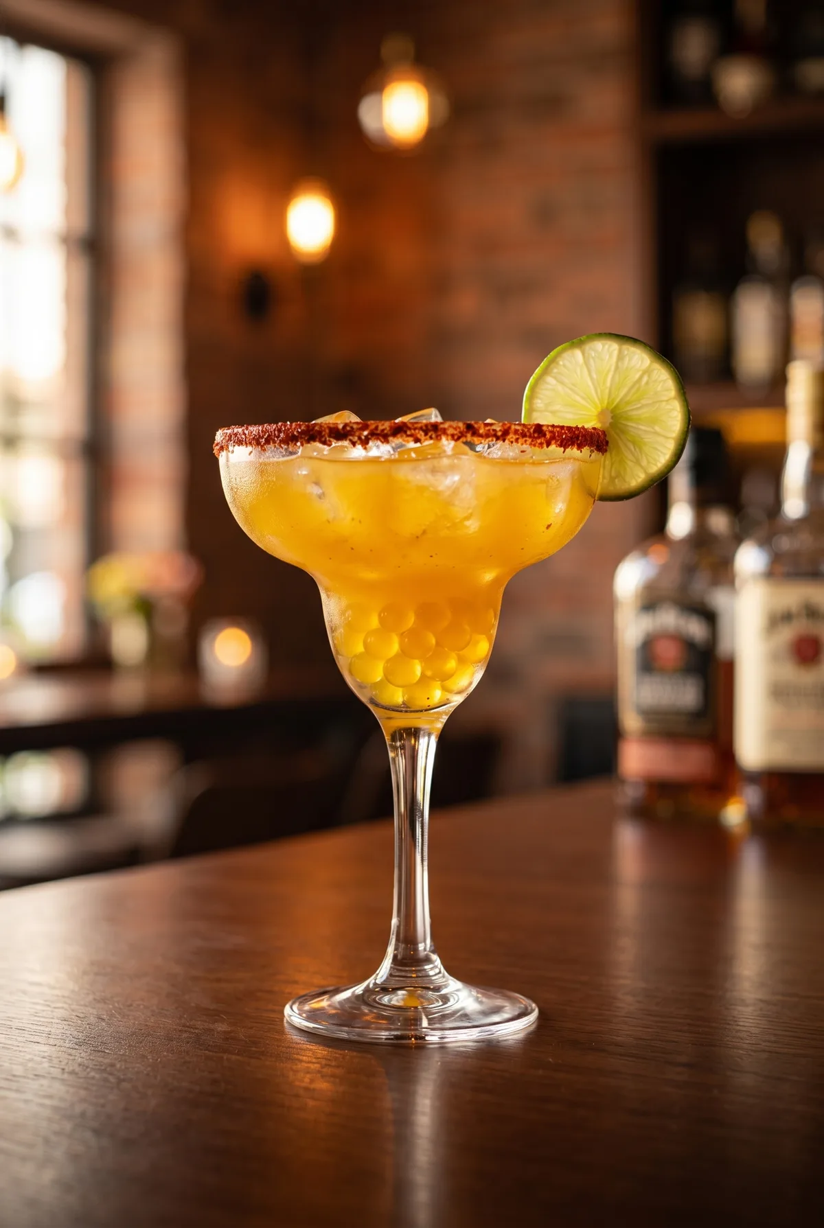 Margarita de mango biche con borde de chamoy, rodaja de limón y perlas explosivas amarillas LiquiPops en copa de margarita