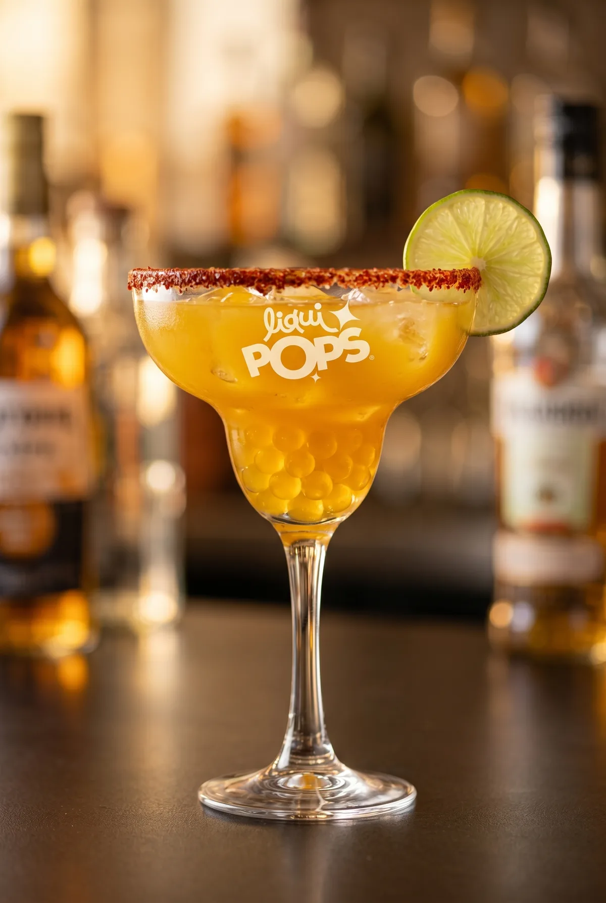 Margarita de mango con borde de chamoy, rodaja de limón y perlas explosivas amarillas LiquiPops sobre la barra de un bar