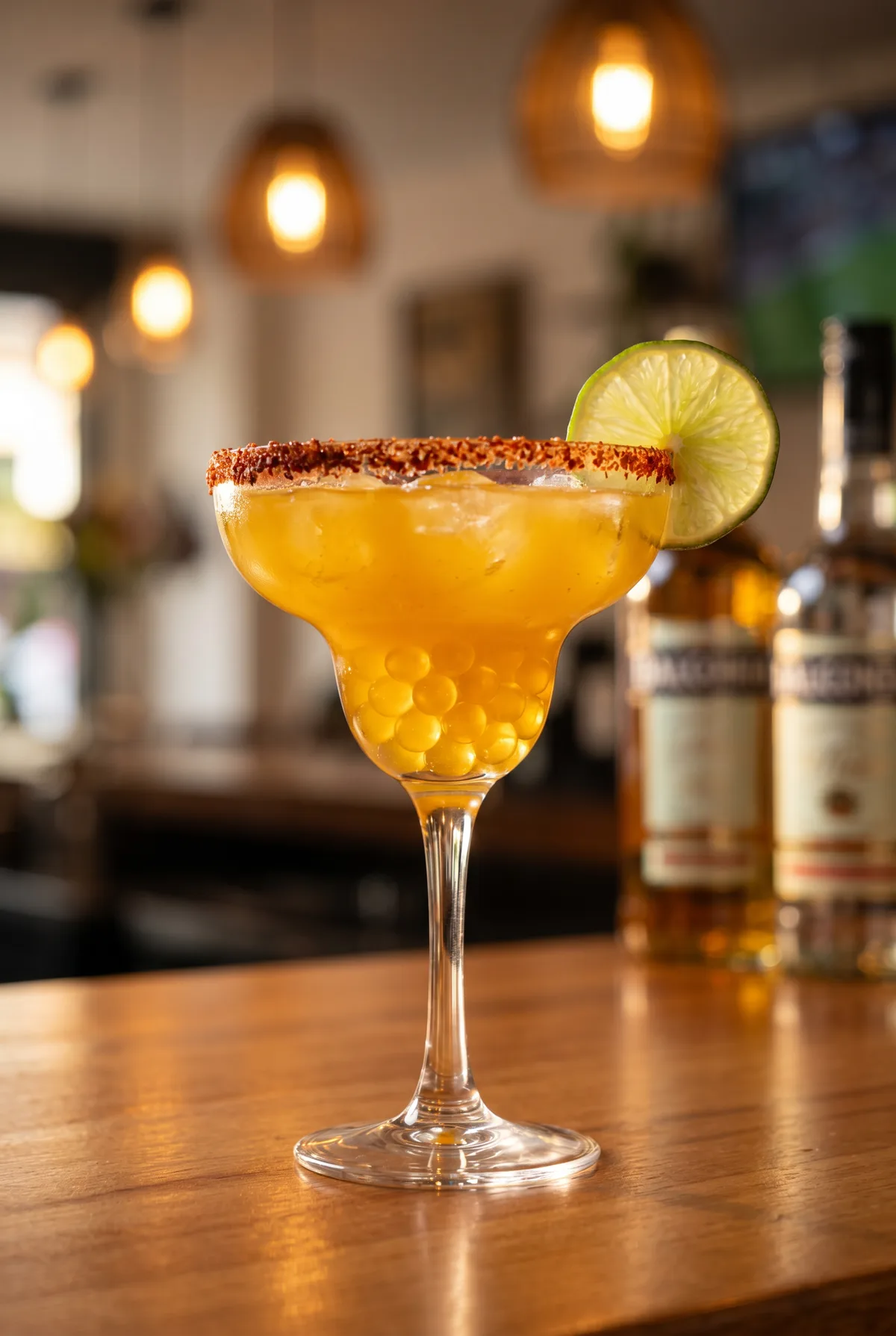 Margarita de mango con borde de chamoy y perlas explosivas amarillas LiquiPops en copa, con botellas al fondo en ambiente de bar