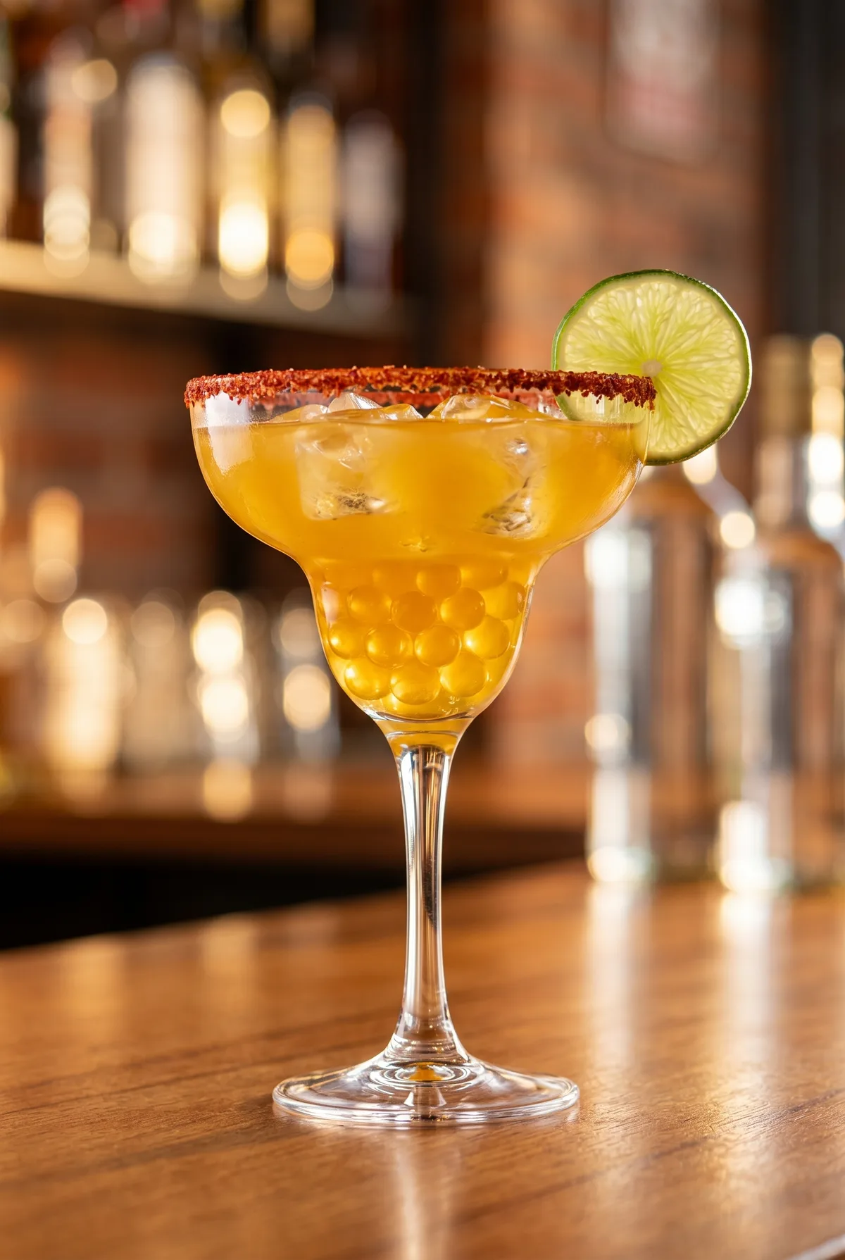Margarita de maracuyá con borde de chamoy, rodaja de limón y perlas explosivas amarillas LiquiPops en copa de margarita