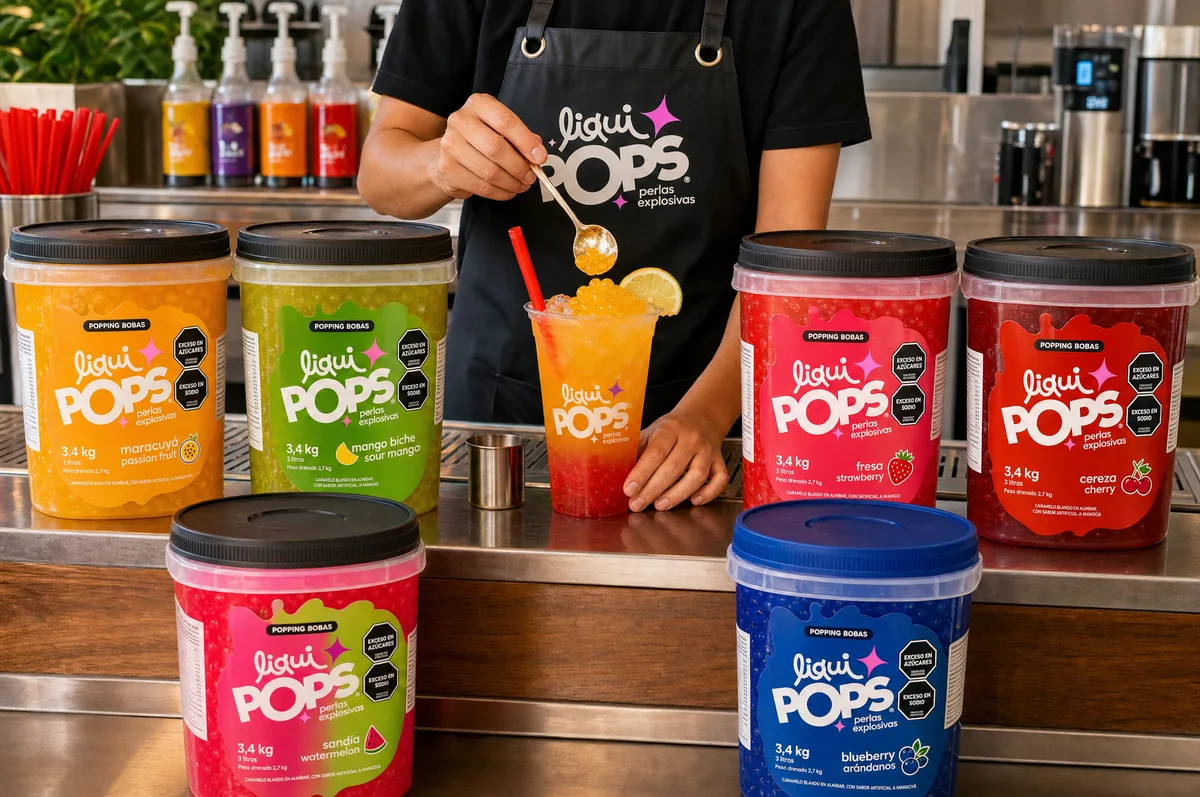 Tarros de mezclas en polvo LiquiPops con bebida de perlas explosivas servida en barra — gama de sabores