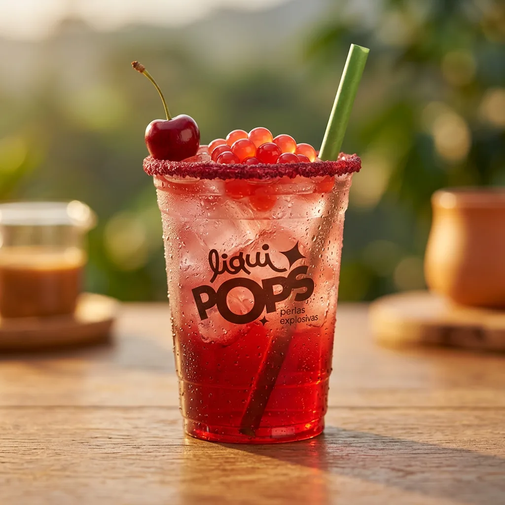 Michelada de cereza con perlas explosivas de fresa LiquiPops — vaso con escarcha roja y cereza en un entorno natural