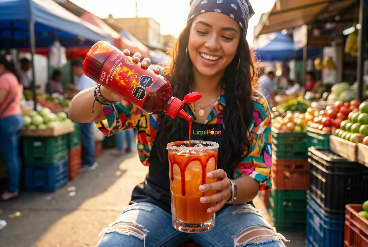 Chica sirve chamoy en una michelada con escarchado en un mercado al aire libre — perlas explosivas LiquiPops para micheladas