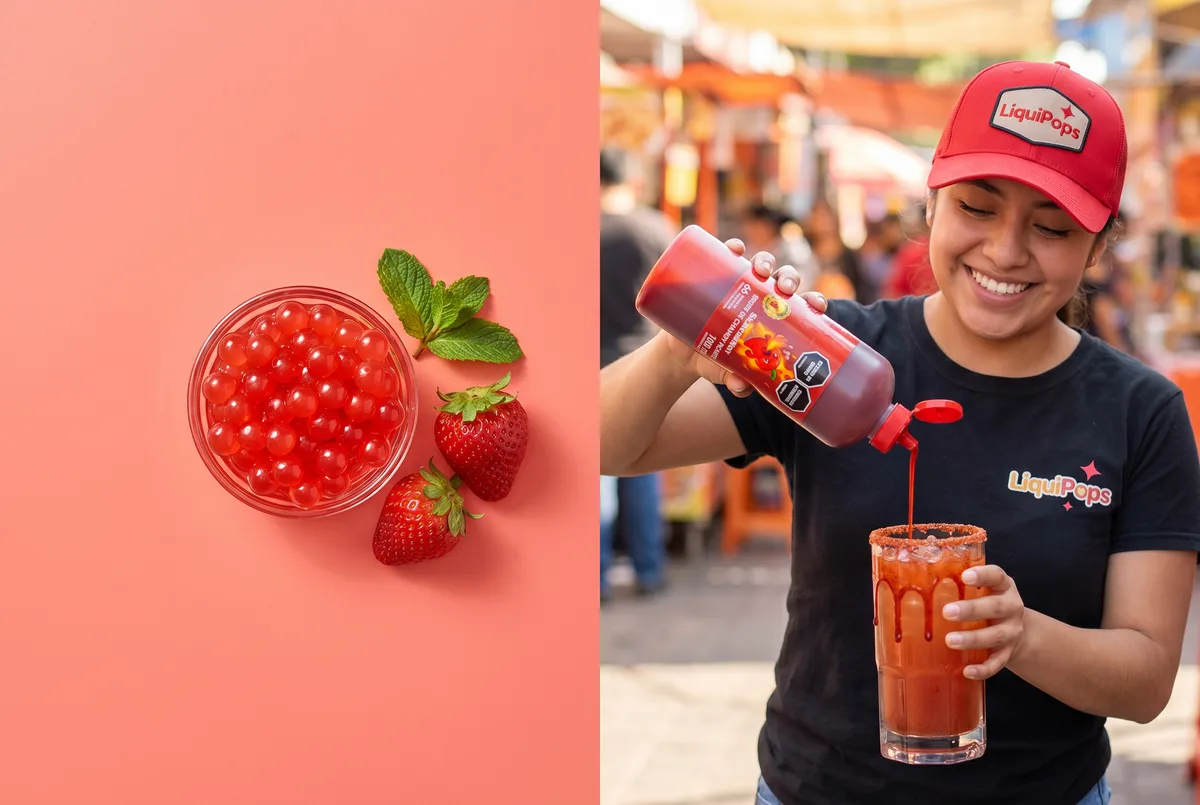 Chica con gorra sirve chamoy en una michelada junto a un bowl de perlas explosivas de fresa — perlas explosivas LiquiPops para micheladas