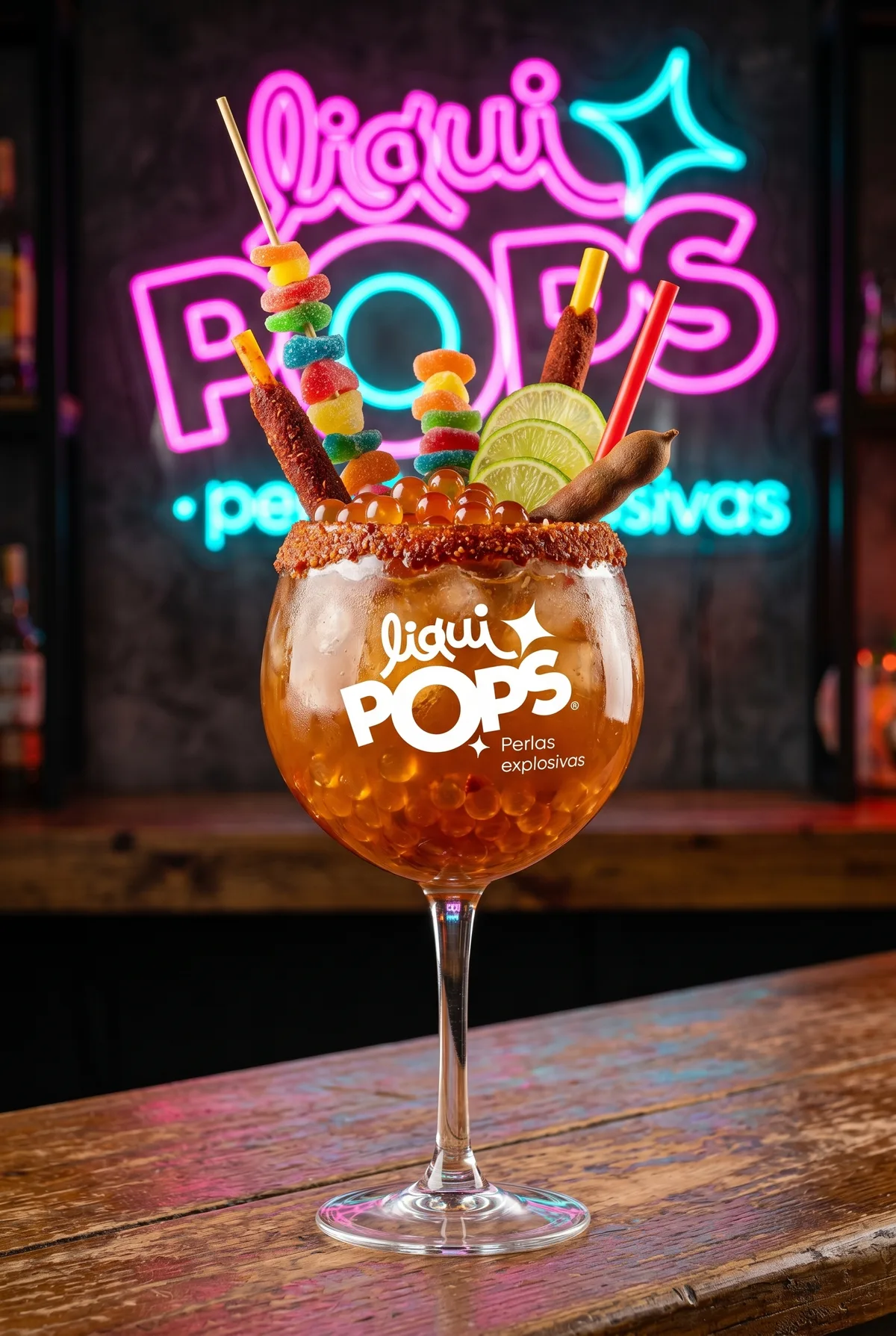 Michelada en copa con perlas explosivas naranja LiquiPops, brocheta de gomitas y tamarindo — ambiente de bar con letrero neon