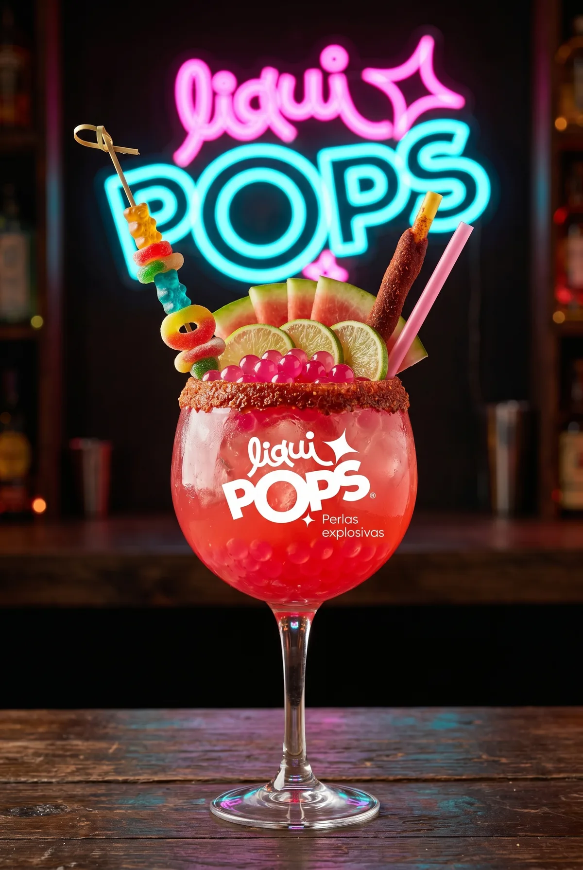 Michelada roja de sandia en copa con perlas explosivas rojas LiquiPops, brocheta de gomitas y tamarindo — ambiente de bar con letrero neon