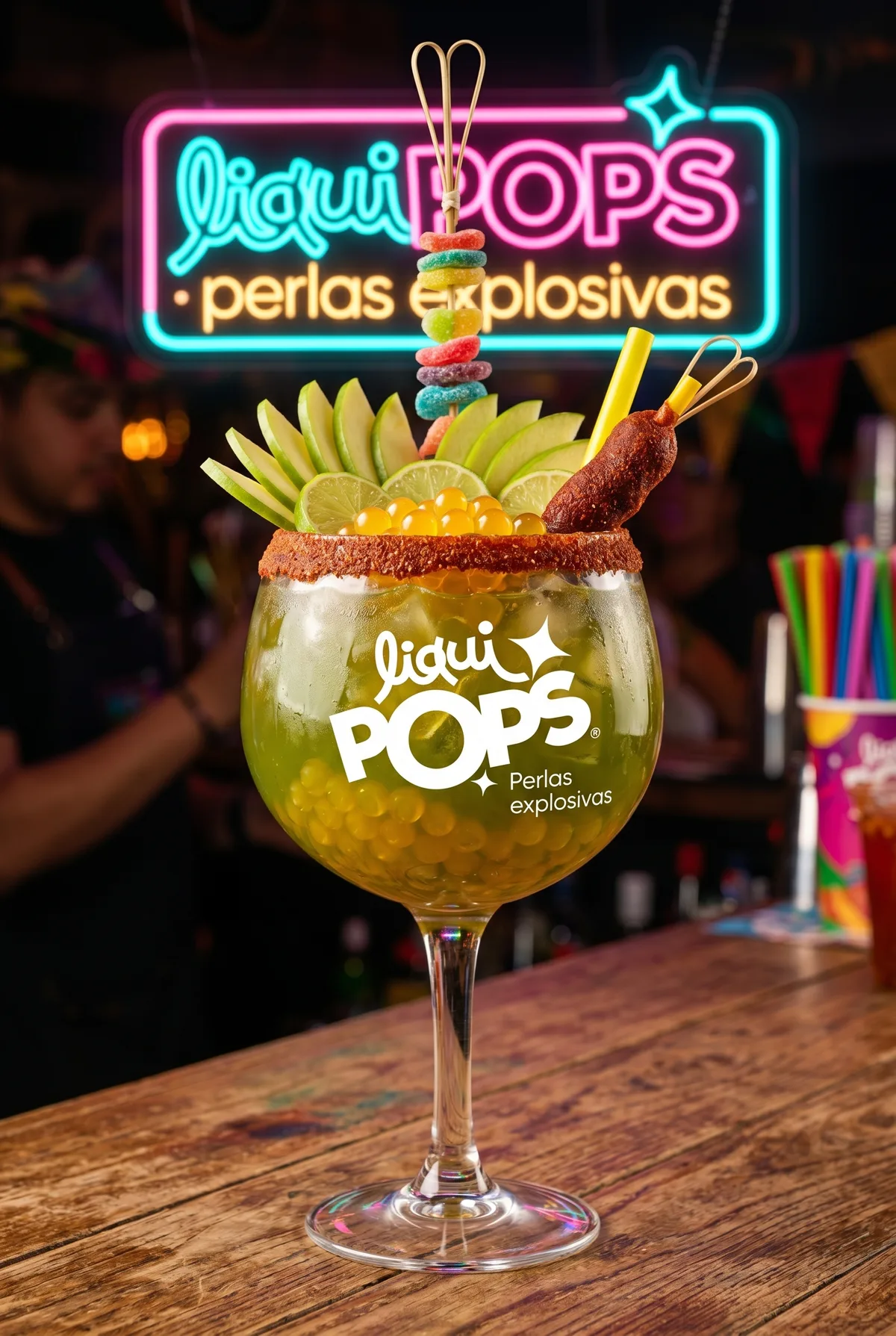 Michelada verde en copa con perlas explosivas amarillas LiquiPops, brocheta de gomitas y manzana — ambiente de bar con letrero neon
