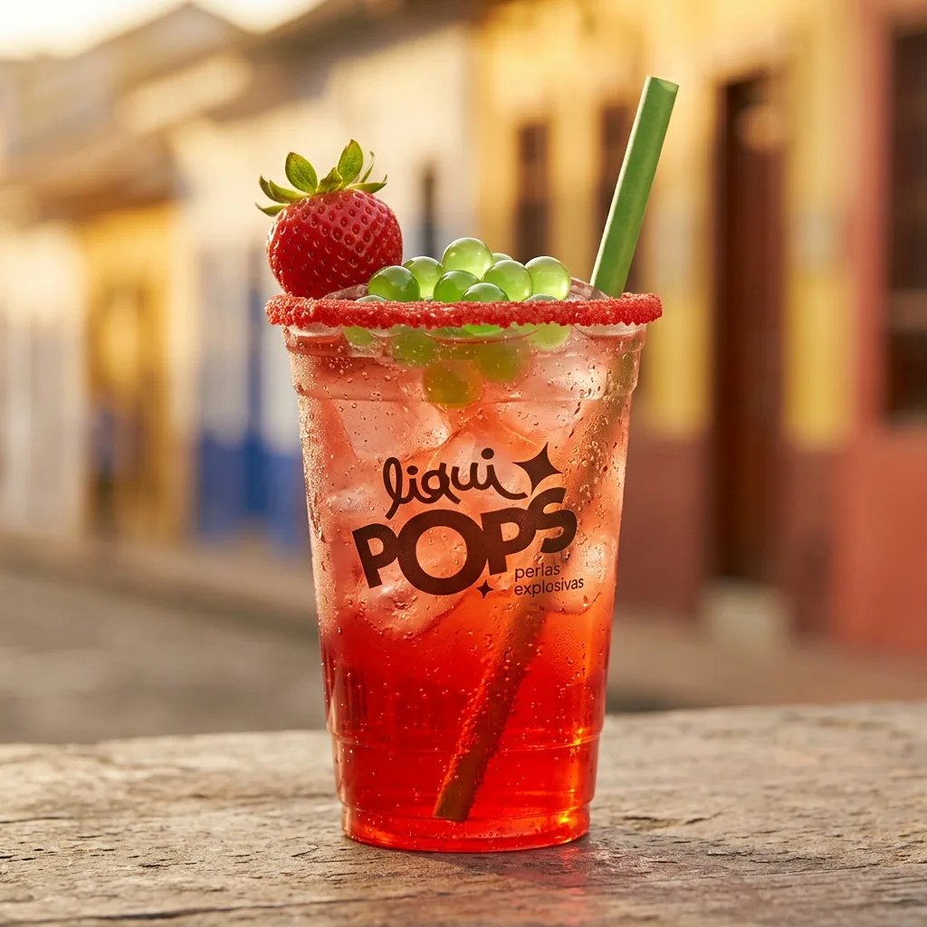 Michelada de fresa con perlas explosivas de manzana verde LiquiPops — vaso con escarcha roja y fresa en una calle colonial