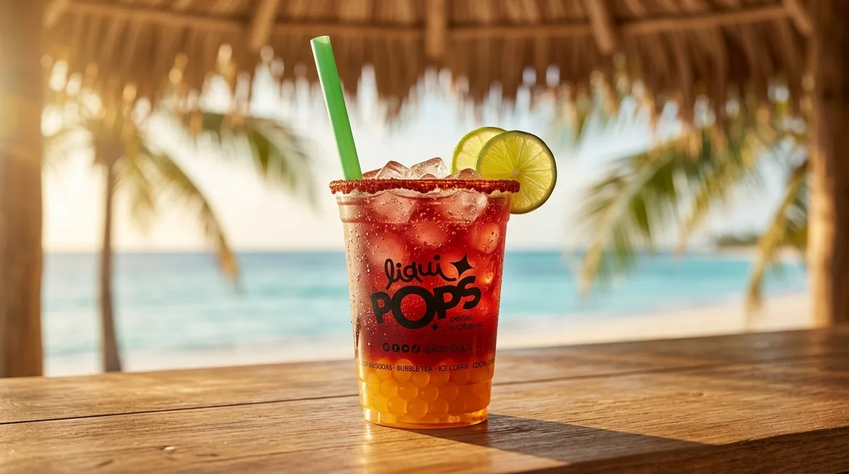 Michelada de frutos rojos con perlas explosivas LiquiPops escarchada con chile y limon, frente al mar