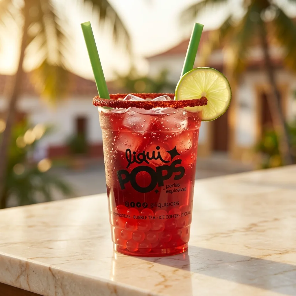 Michelada roja de frutos rojos con perlas explosivas LiquiPops, escarchada con chile y rodaja de limon
