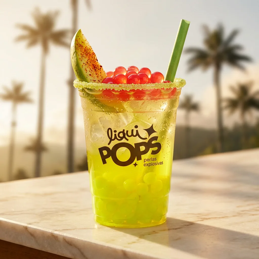 Michelada de mango biche con perlas explosivas de fresa LiquiPops — vaso verde con escarcha y mango con chile bajo las palmeras