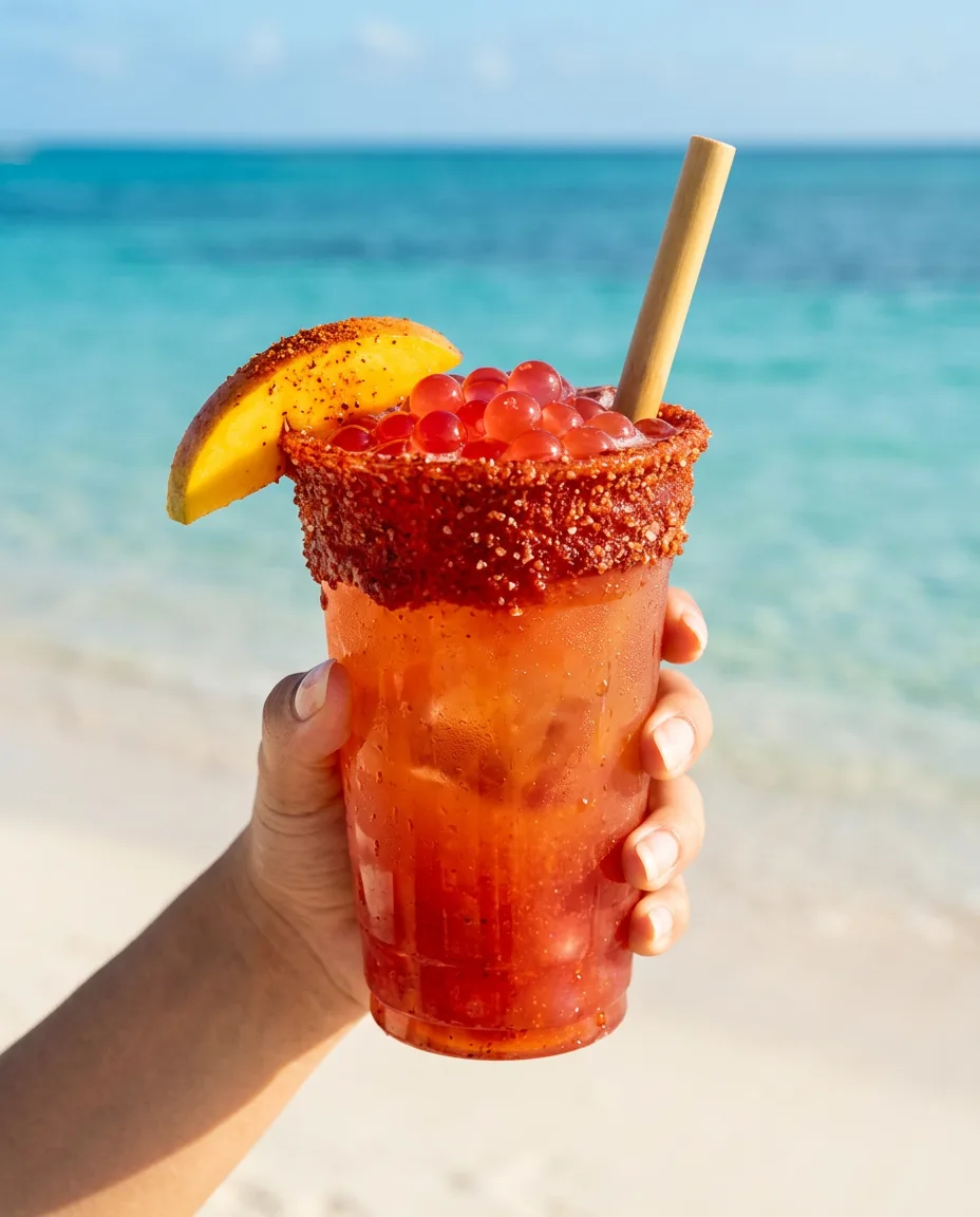 Mano sostiene vaso de michelada con perlas explosivas rojas LiquiPops, escarcha de chamoy y mango — frente al mar caribe