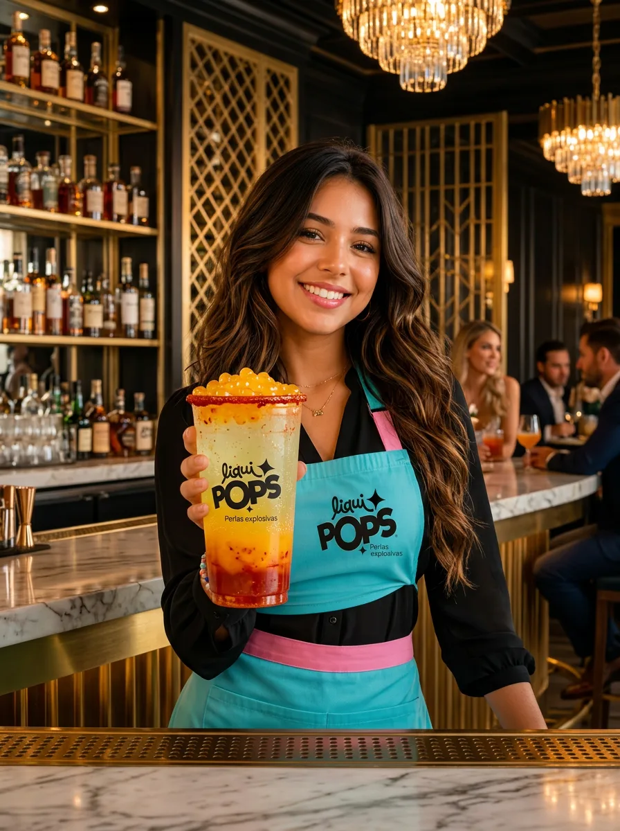 Michelada de mango con chamoy y perlas explosivas LiquiPops — servida en bar, escarchada con tajín