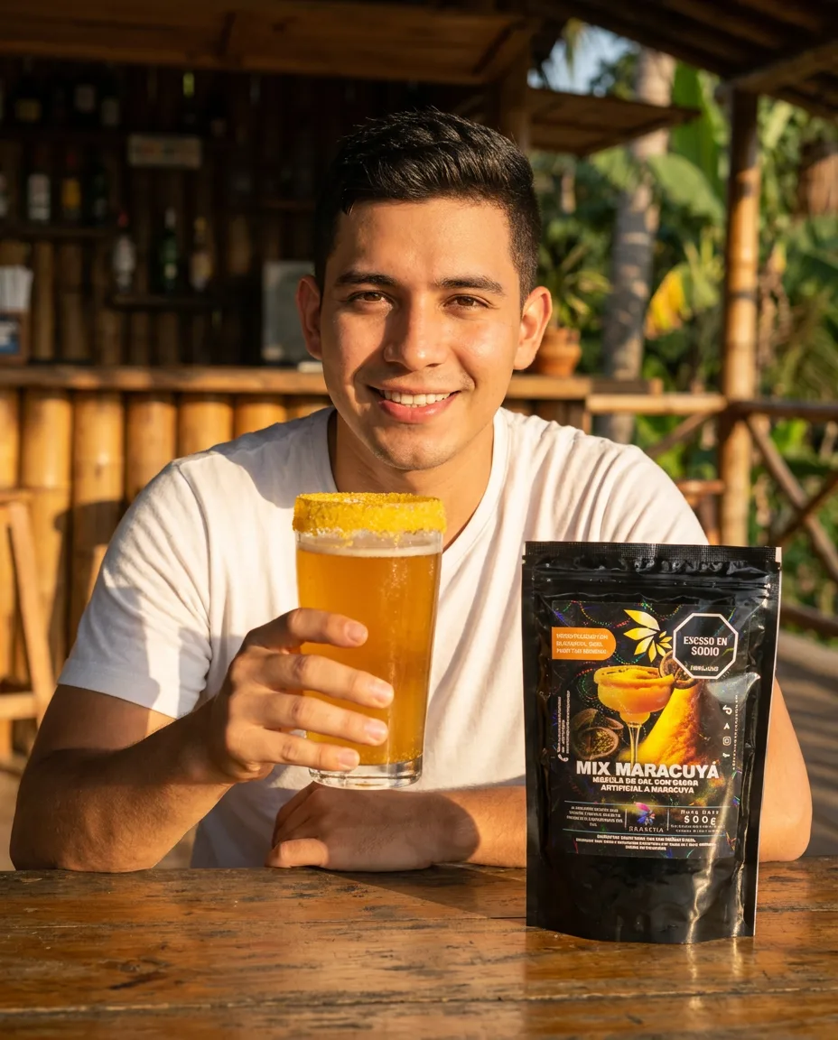 Persona con una michelada de maracuyá tipo cerveza con perlas explosivas LiquiPops y escarchador mix maracuyá en un bar de bambú
