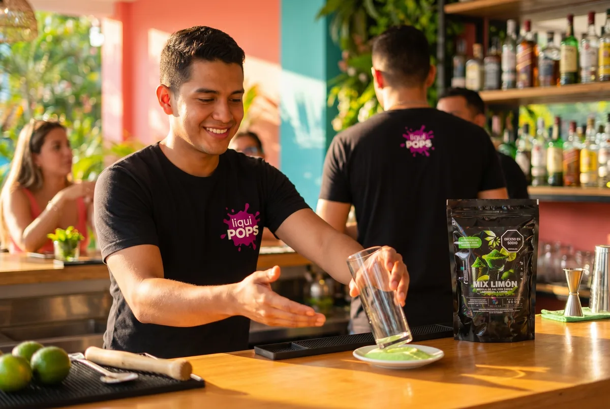 Bartender LiquiPops prepara una michelada escarchada con Mix Limón en bar tropical, bolsa de mezcla de sal con limón a la vista — ambiente animado