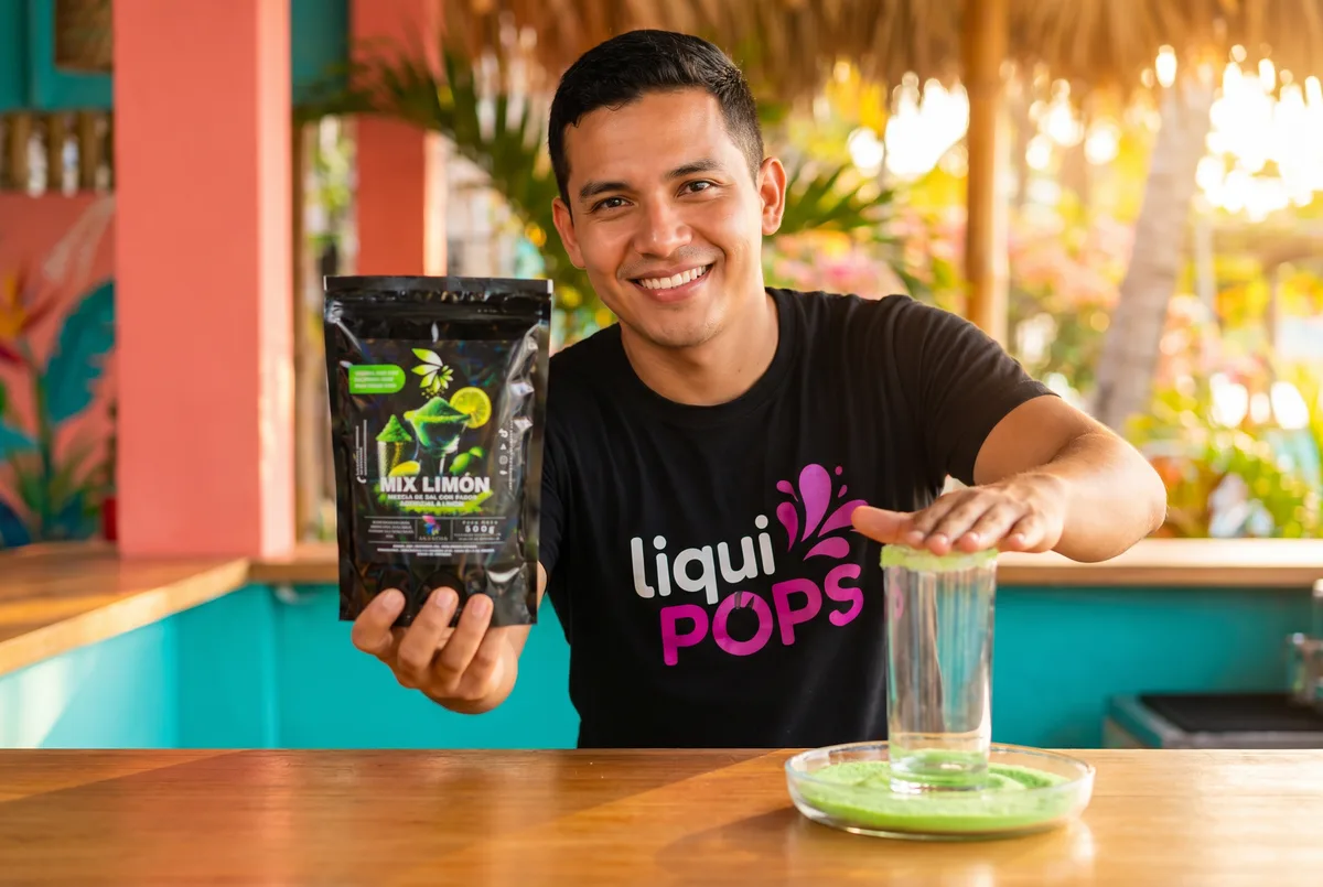 Bartender LiquiPops muestra la bolsa Mix Limón mientras escarcha un vaso con sal de limón en bar tropical — presentación del producto