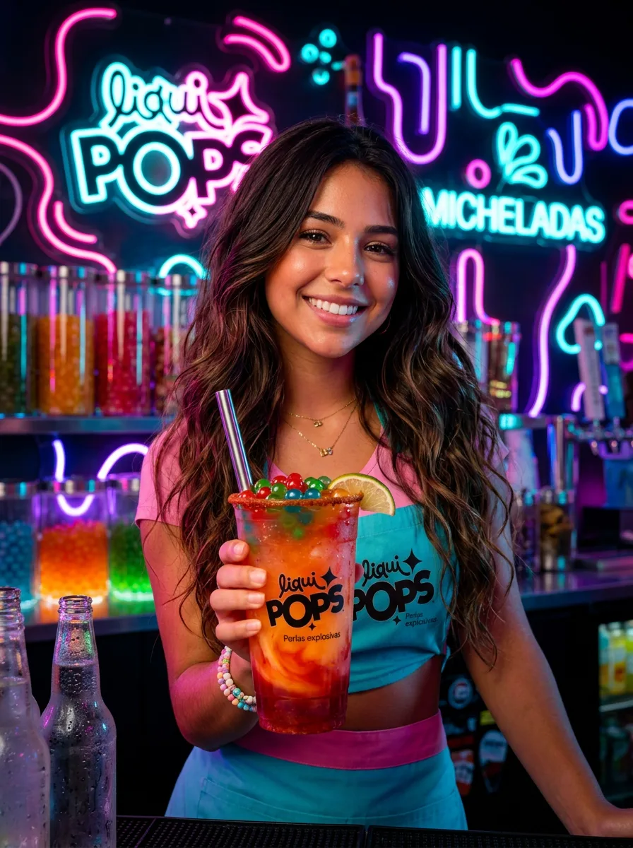 Michelada roja con limón y perlas explosivas LiquiPops — vaso escarchado servido en barra con neón