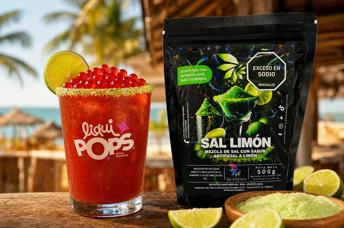 Michelada roja escarchada con perlas explosivas LiquiPops junto a escarchador Skarcha sal limón en una playa