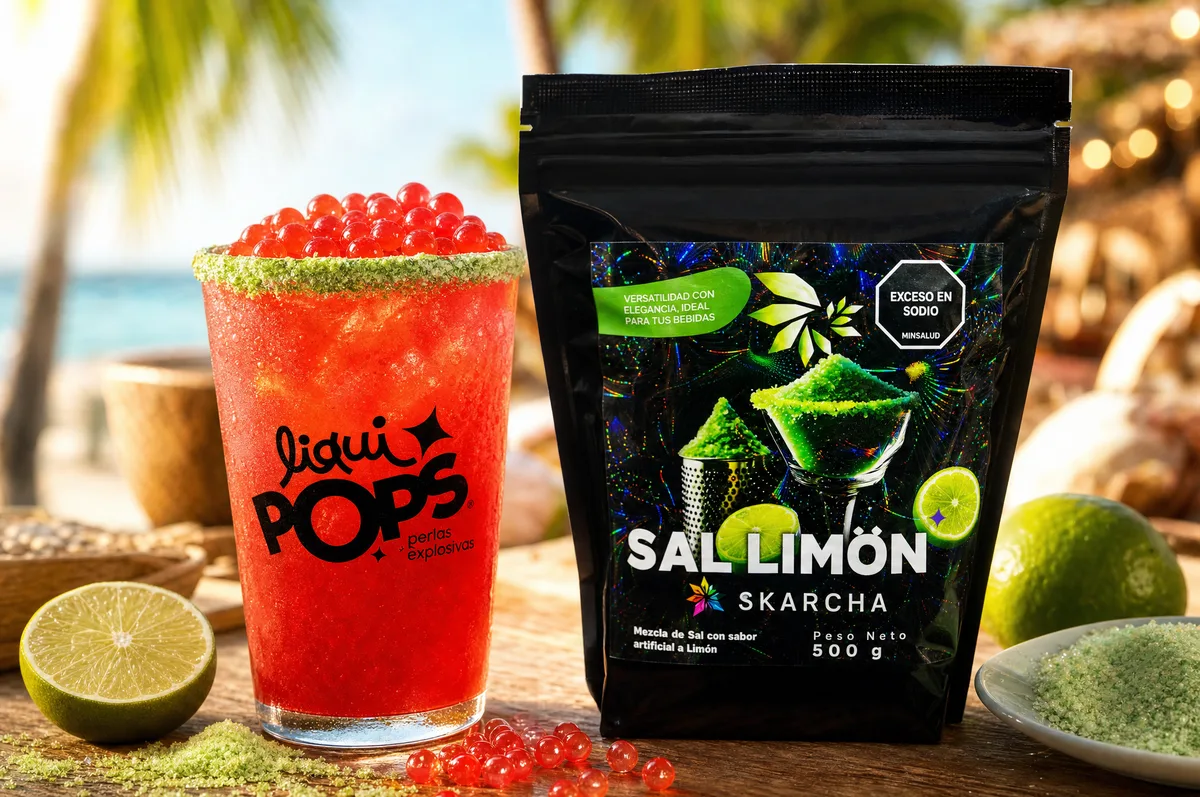 Michelada de sandía con perlas explosivas LiquiPops junto a bolsa de Sal Limón Skarcha — bodegón tropical con limón