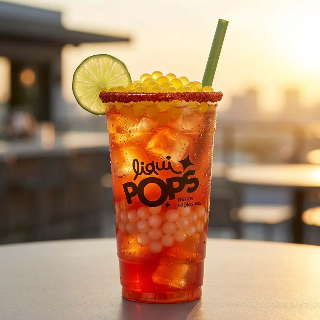 Michelada de tamarindo con perlas explosivas amarillas LiquiPops — vaso con escarcha de chile y limón en una terraza