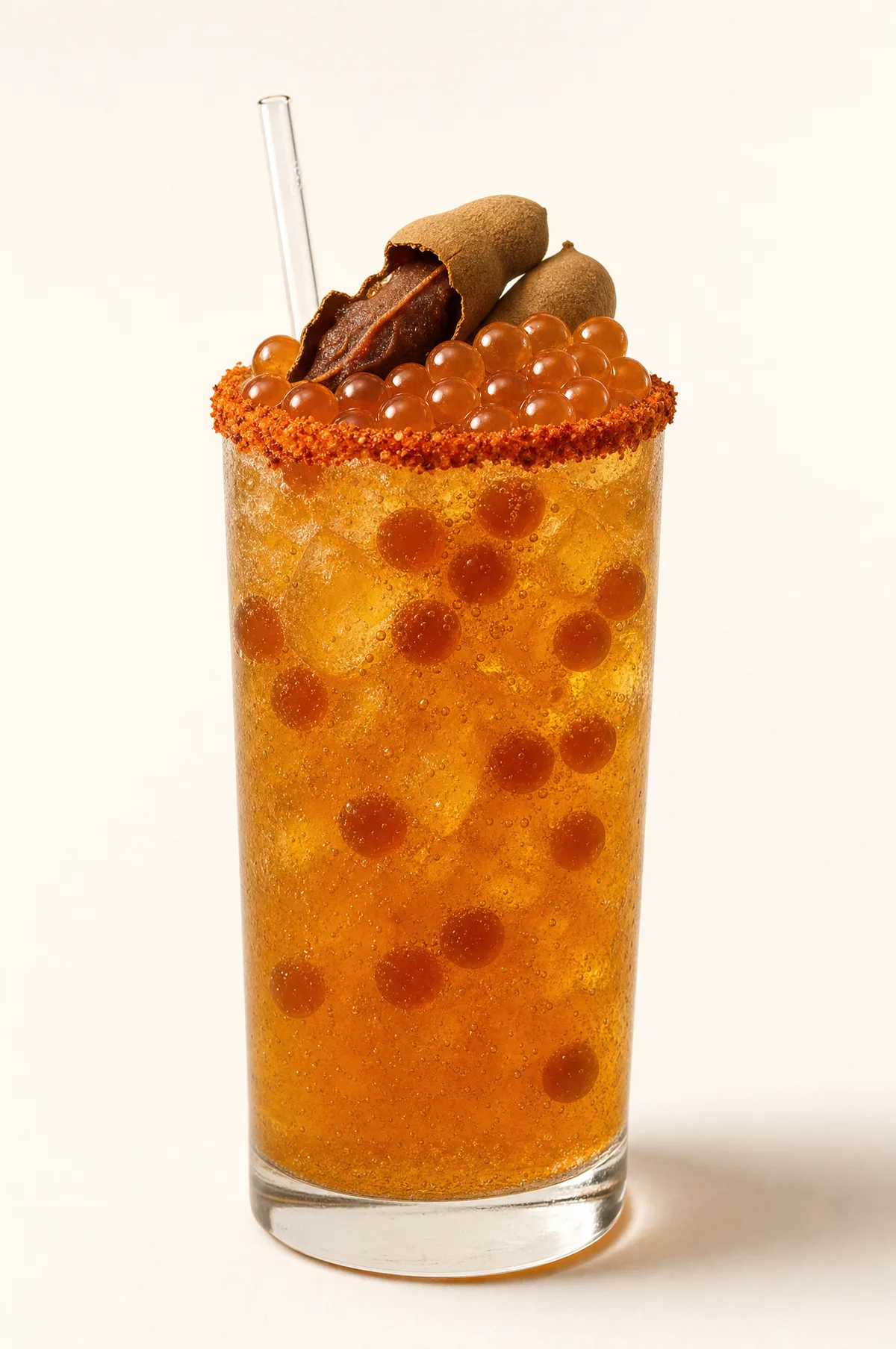Michelada de tamarindo con perlas explosivas LiquiPops y escarcha en el borde — vaso alto con tamarindo de garnish