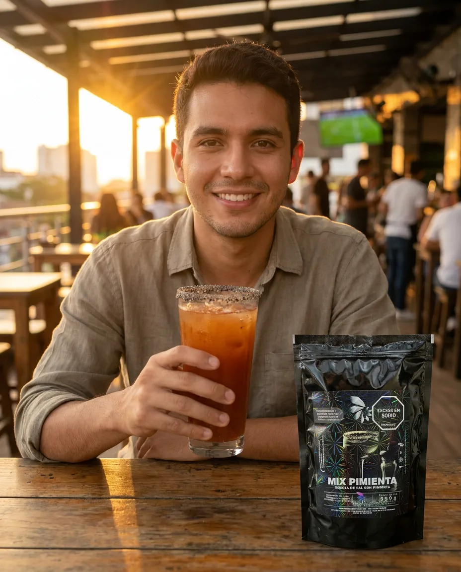 Persona disfrutando una michelada de tamarindo con perlas explosivas LiquiPops y escarchador de mix pimienta en un bar al atardecer
