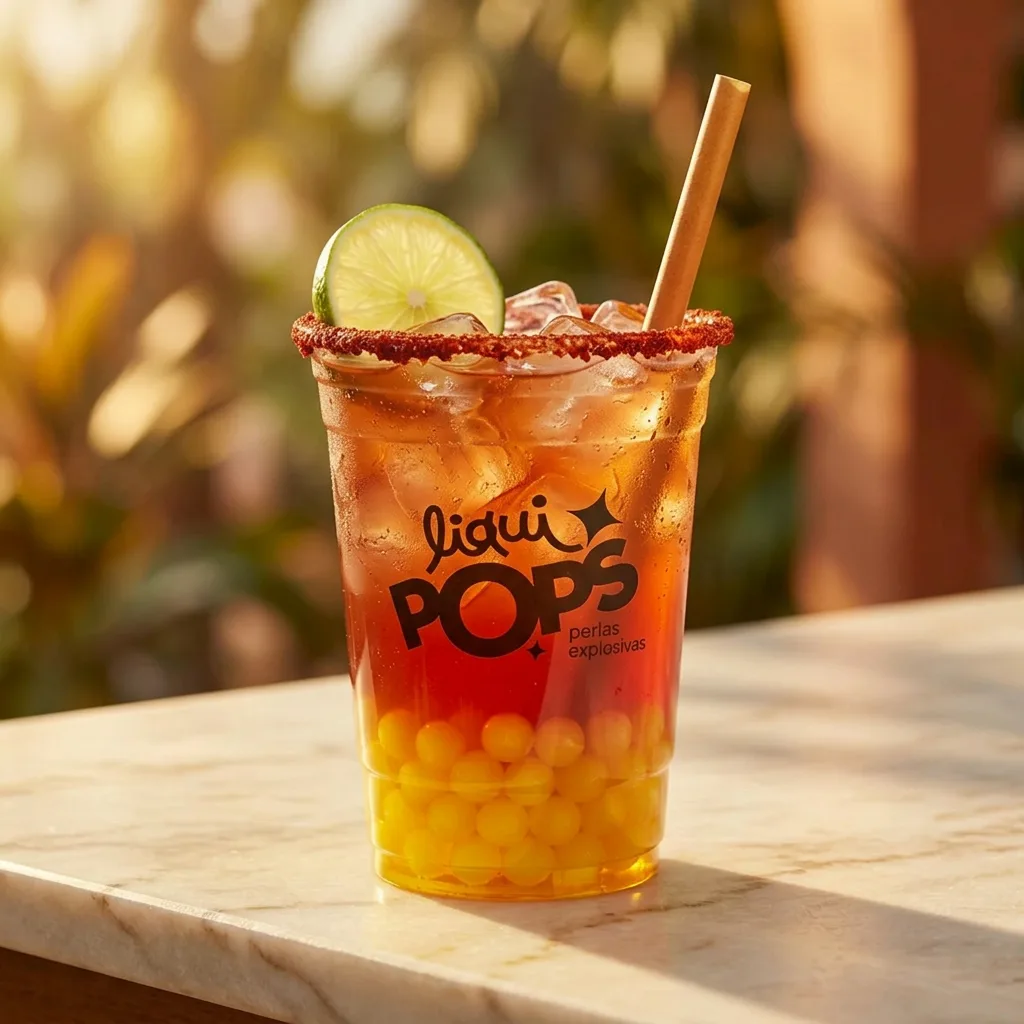 Michelada de tamarindo con perlas explosivas amarillas LiquiPops, borde de chamoy y rodaja de limon, servida al aire libre