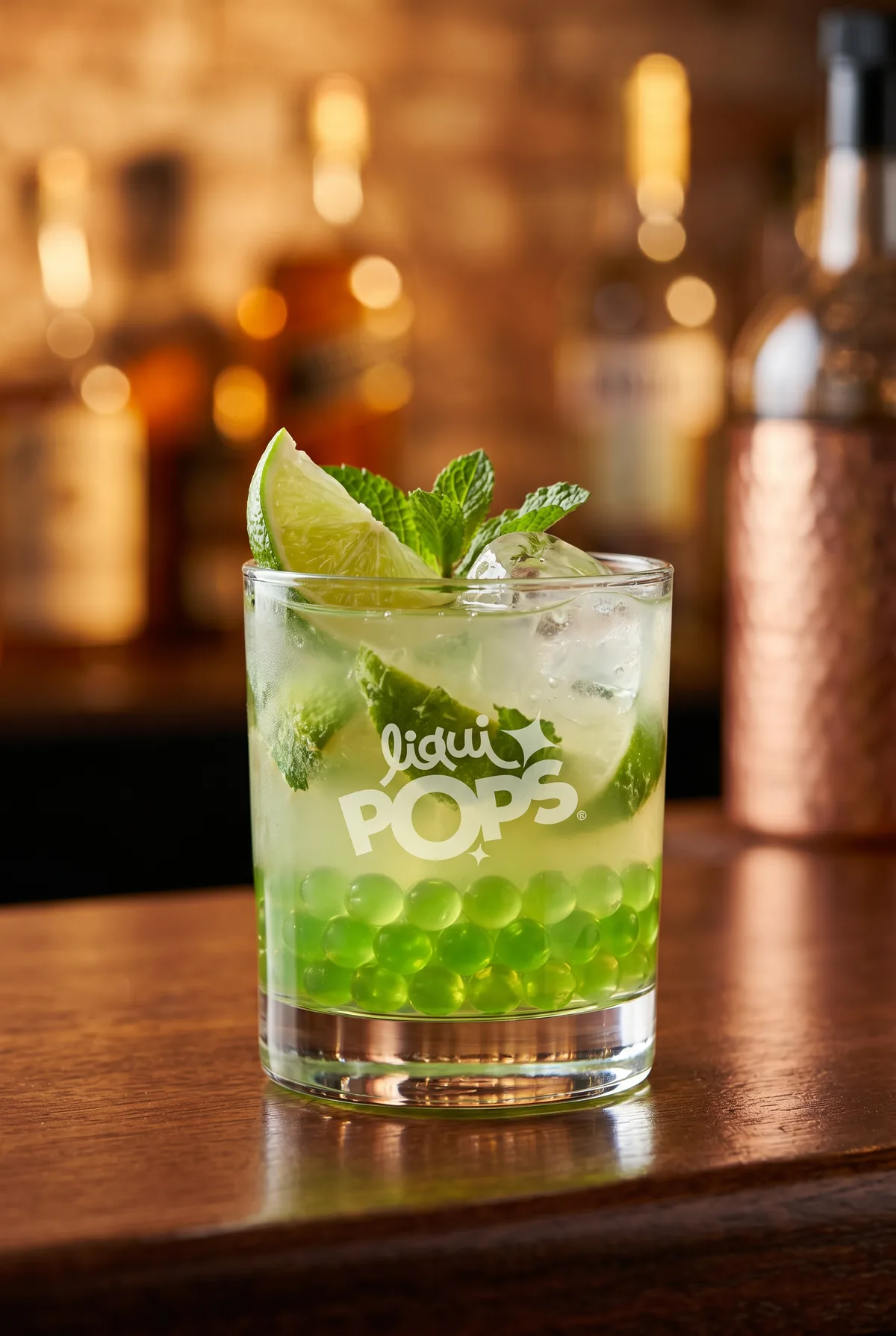 Mojito con perlas explosivas verdes de manzana LiquiPops, menta y lima — vaso bajo sobre barra de madera
