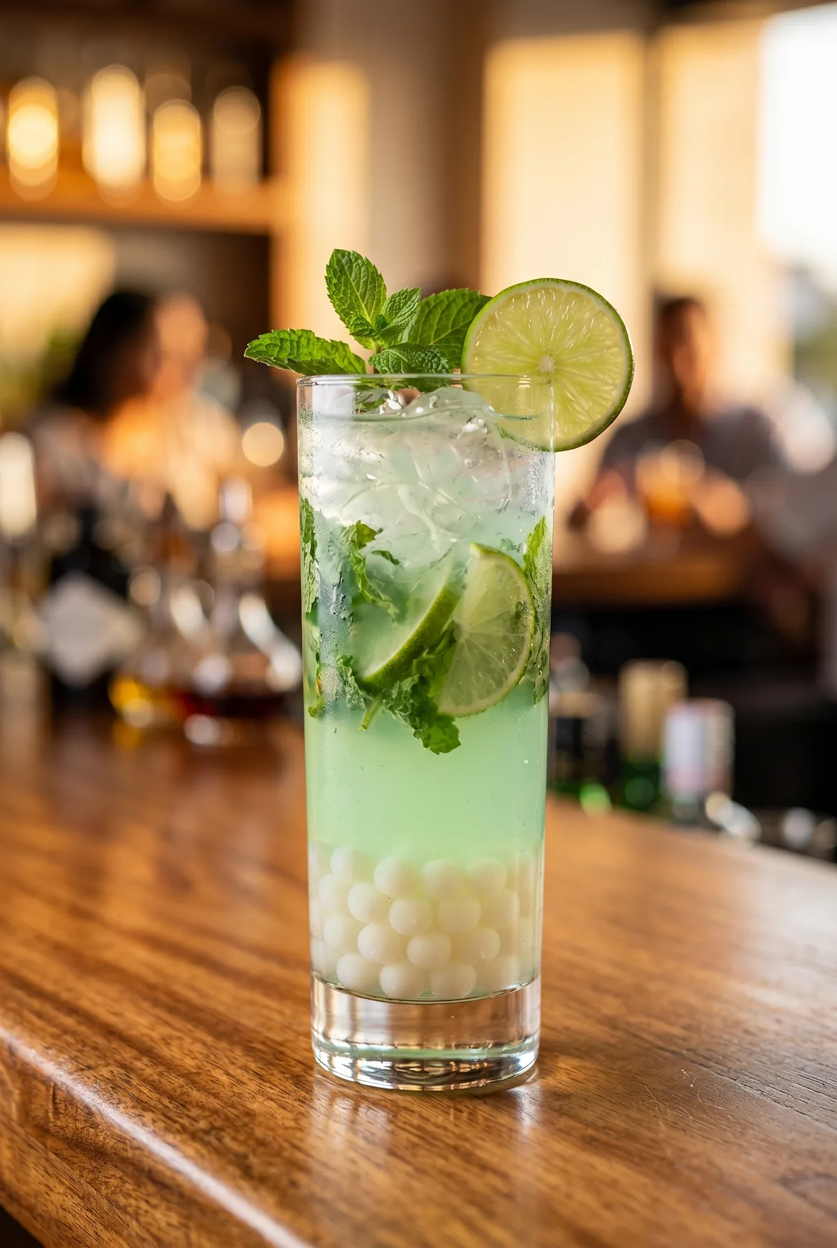 Mojito verde con menta, limón y perlas explosivas blancas LiquiPops en vaso alto sobre la barra