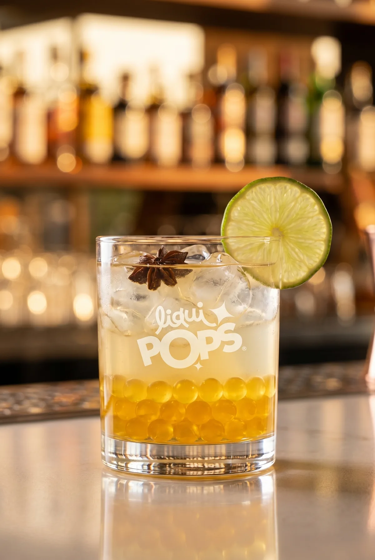 Cóctel ambar tipo old fashioned con perlas explosivas amarillas de maracuyá LiquiPops, anís estrella y rodaja de lima