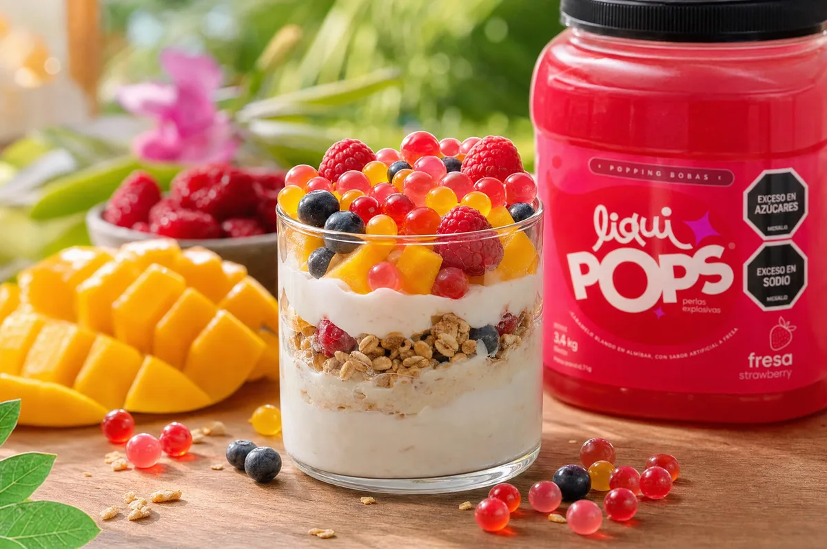Parfait de granola, mango y frutos rojos con perlas explosivas LiquiPops, junto al tarro de fresa