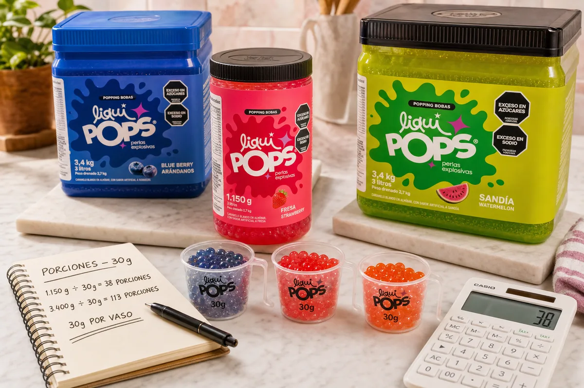 Tarros de perlas explosivas LiquiPops blueberry, fresa y sandía con vasitos de 30 gramos y cálculo de porciones por vaso