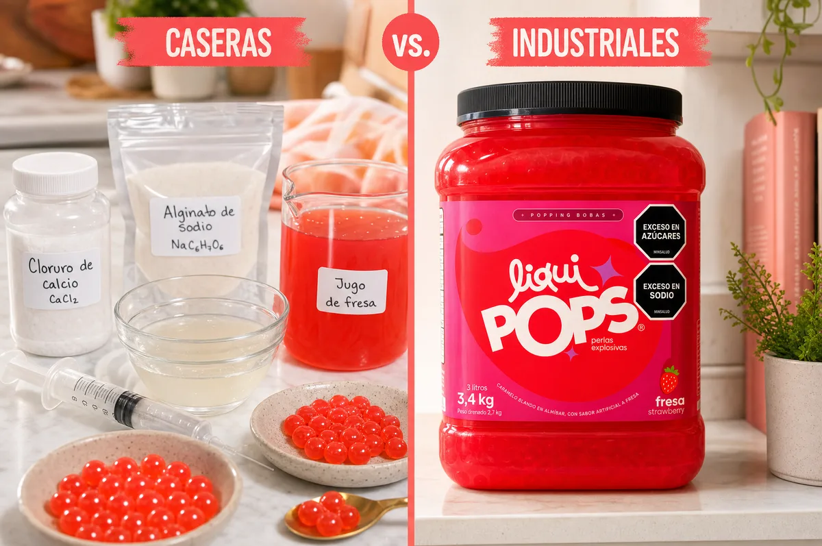 Comparativa de perlas explosivas caseras con alginato frente a las industriales de fresa LiquiPops en bote