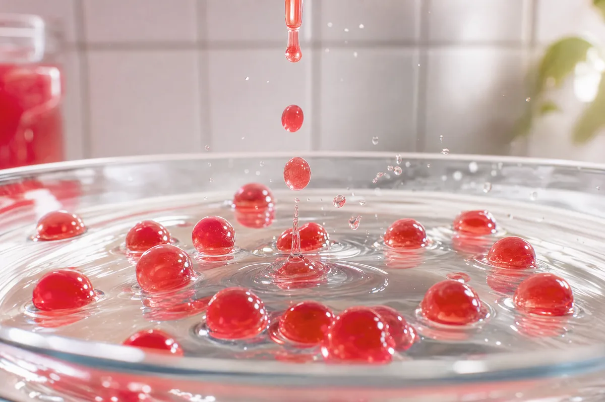 Perlas explosivas rojas sabor cereza LiquiPops cayendo en agua — demostración del topping de popping boba