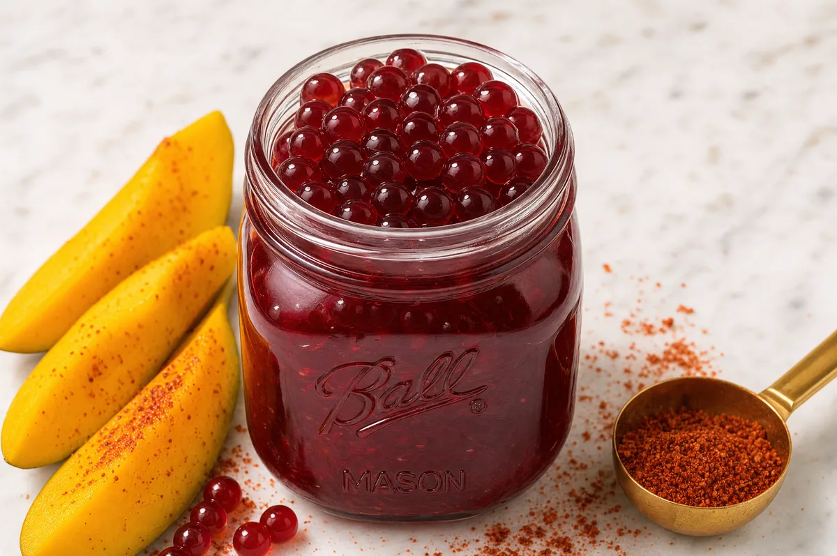 Frasco mason con perlas explosivas LiquiPops sabor chamoy y mango con chile en polvo