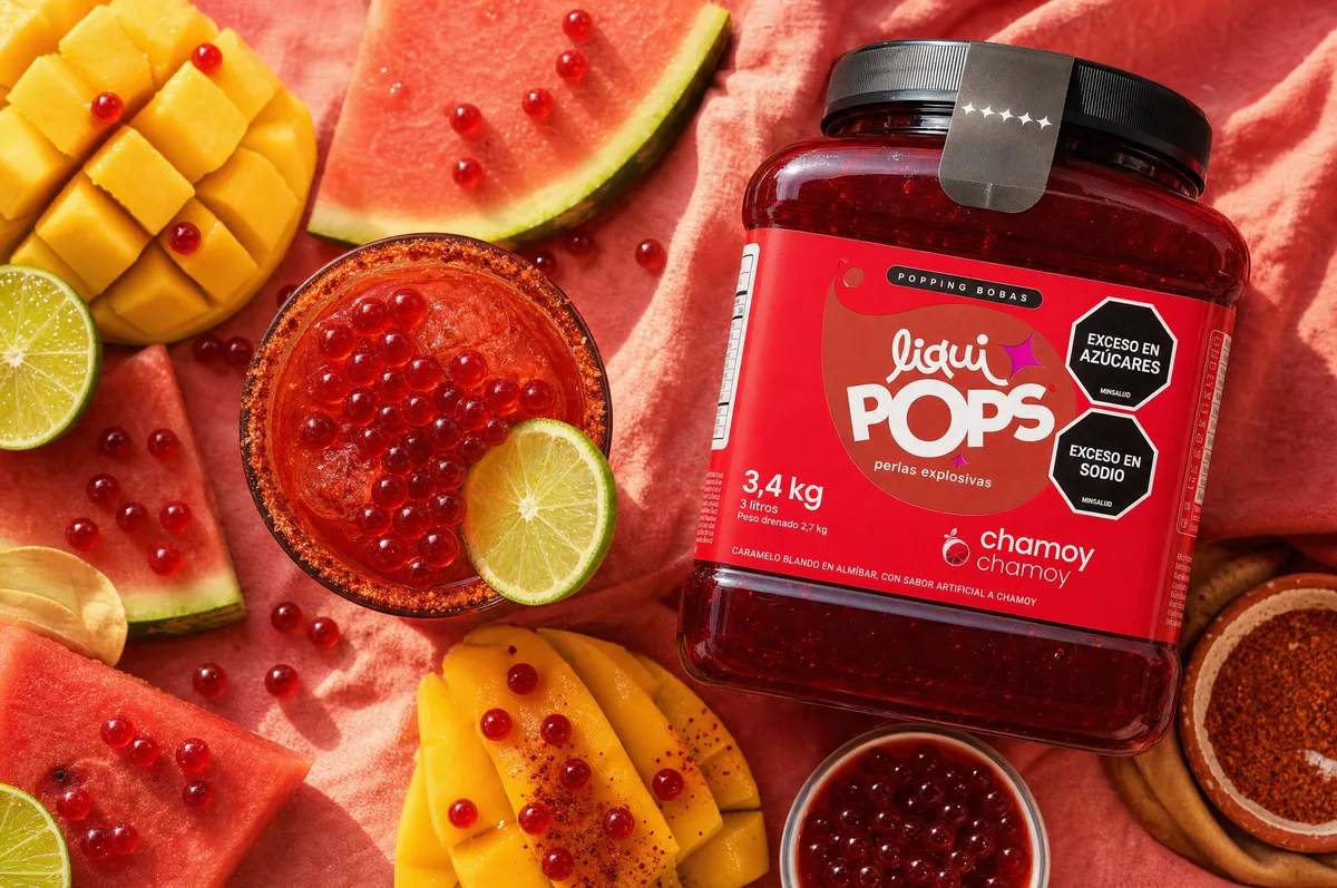 Bidón de perlas explosivas LiquiPops chamoy sobre fondo de sandía, mango y limón con bebida escarchada