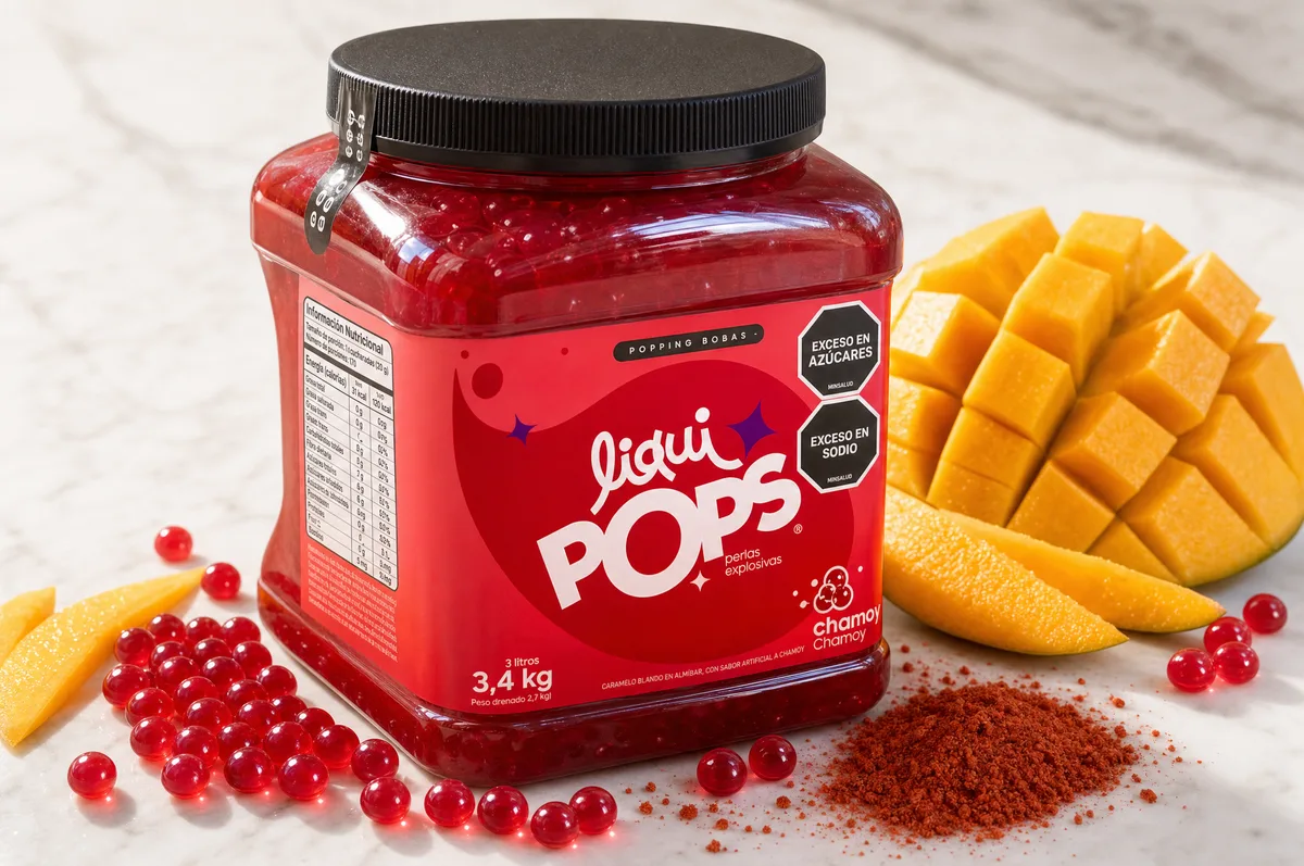 Tarro de perlas explosivas LiquiPops sabor chamoy con mango y chile en polvo sobre marmol