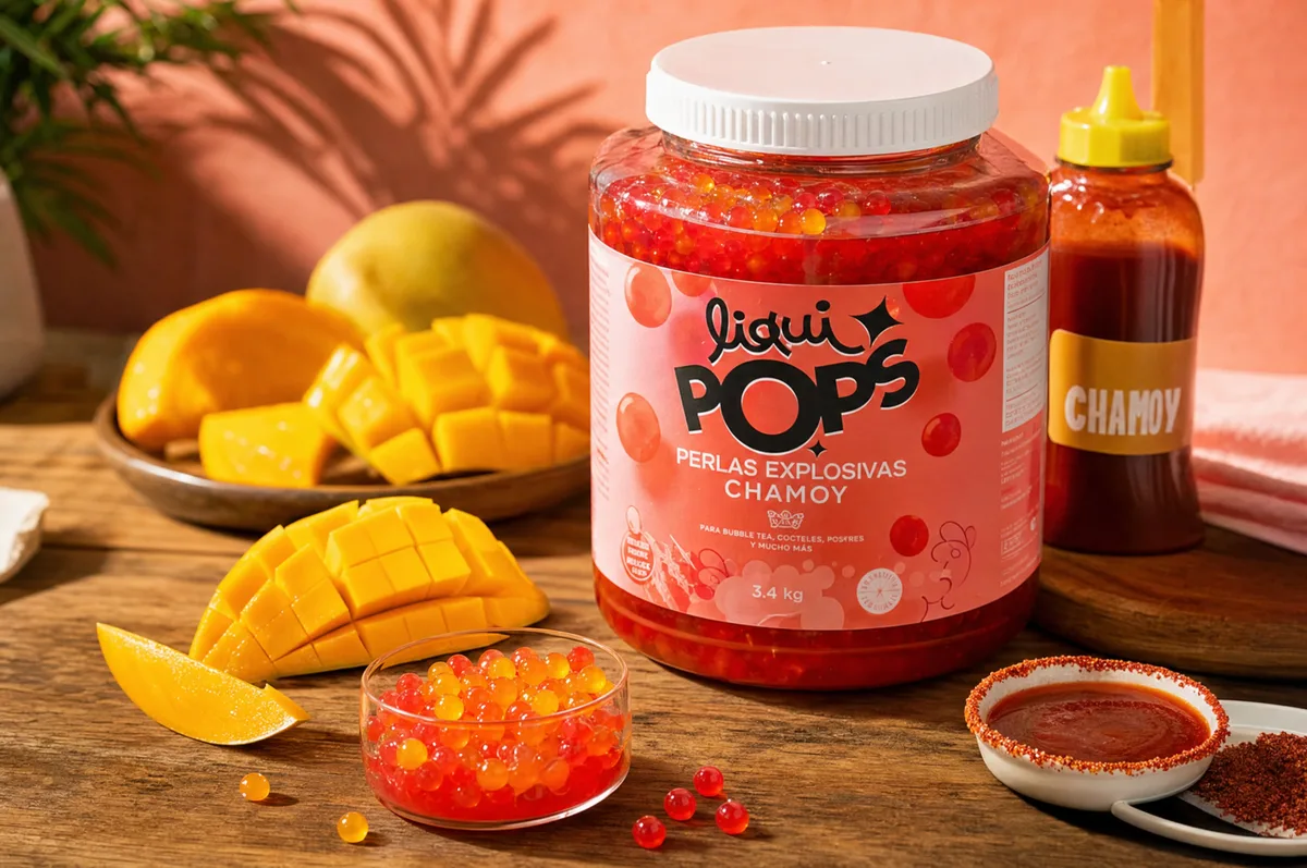 Tarro de perlas explosivas LiquiPops sabor chamoy con mango fresco y salsa chamoy alrededor