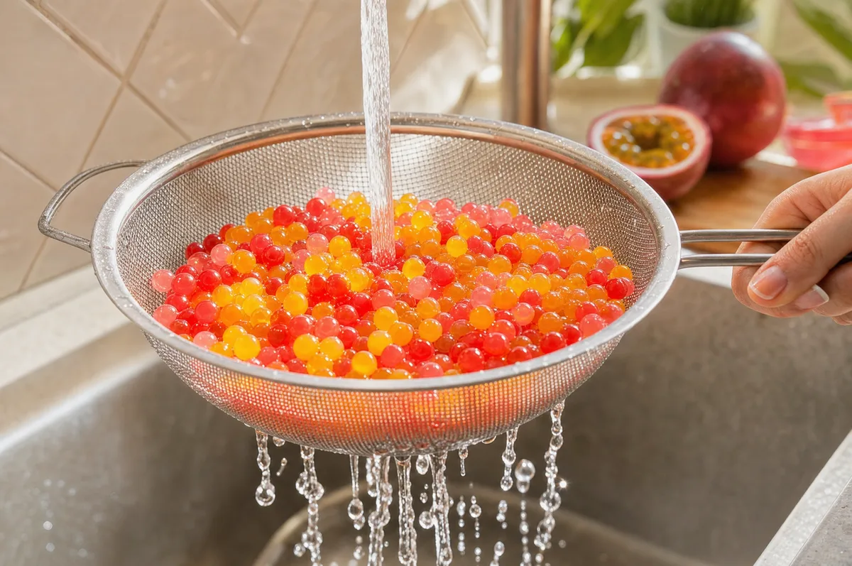 Perlas explosivas rojas y naranjas LiquiPops enjuagándose en un colador bajo el grifo junto a maracuyá