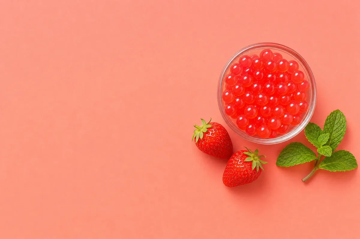 Bowl de perlas explosivas rojas de fresa con perlas explosivas LiquiPops junto a fresas frescas y menta sobre fondo coral — flatlay para topping de bebidas
