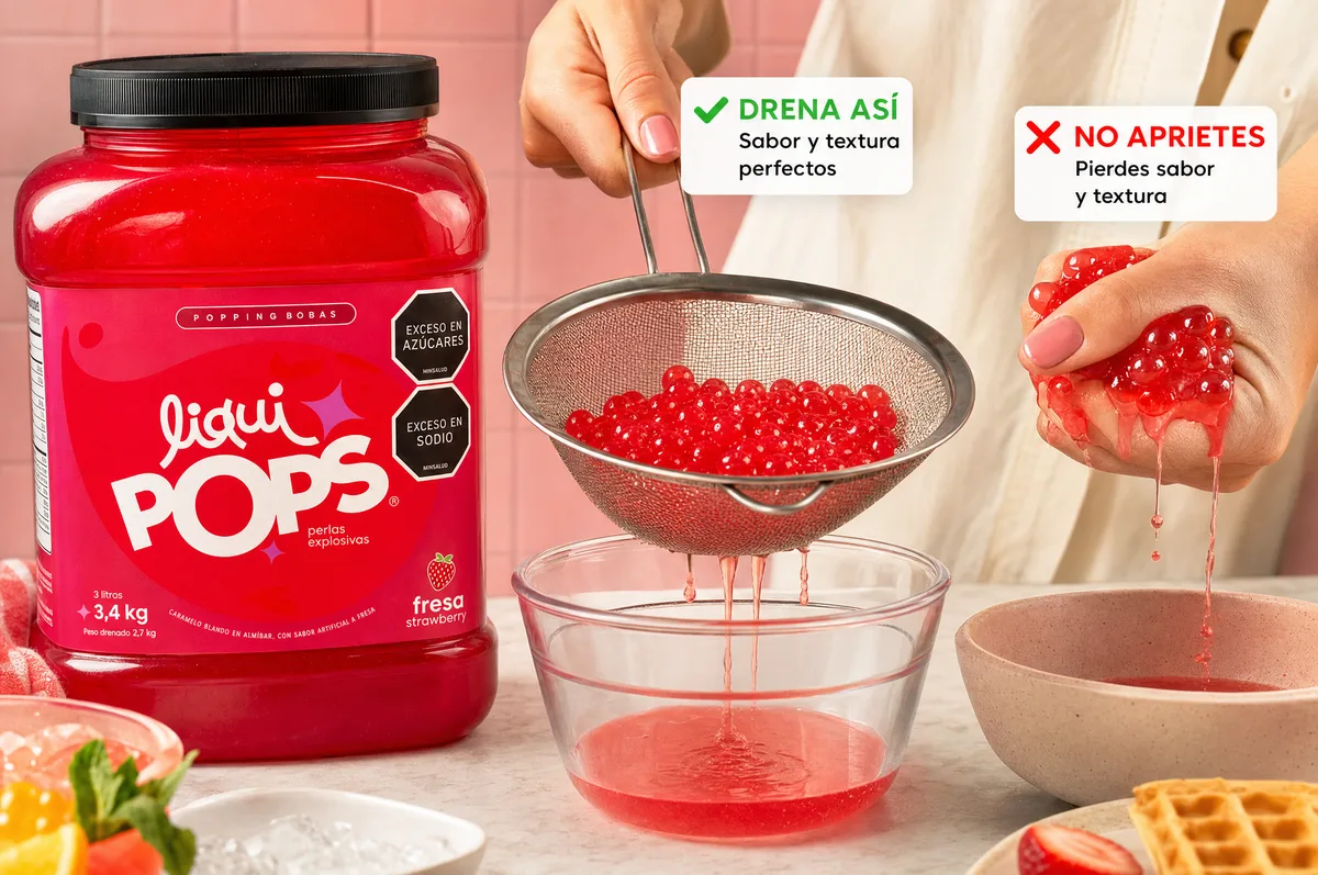 Tarro de perlas explosivas LiquiPops sabor fresa con demostración de cómo drenar las perlas en colador sin apretarlas