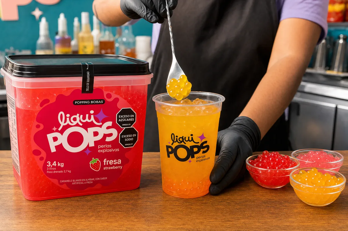Balde de perlas explosivas LiquiPops sabor fresa junto a vaso de bebida y boles de perlas — barra de preparación