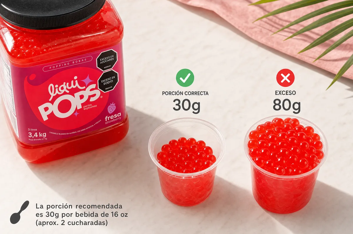 Tarro de perlas explosivas LiquiPops sabor fresa con guía de porción recomendada de 30g por bebida de 16oz