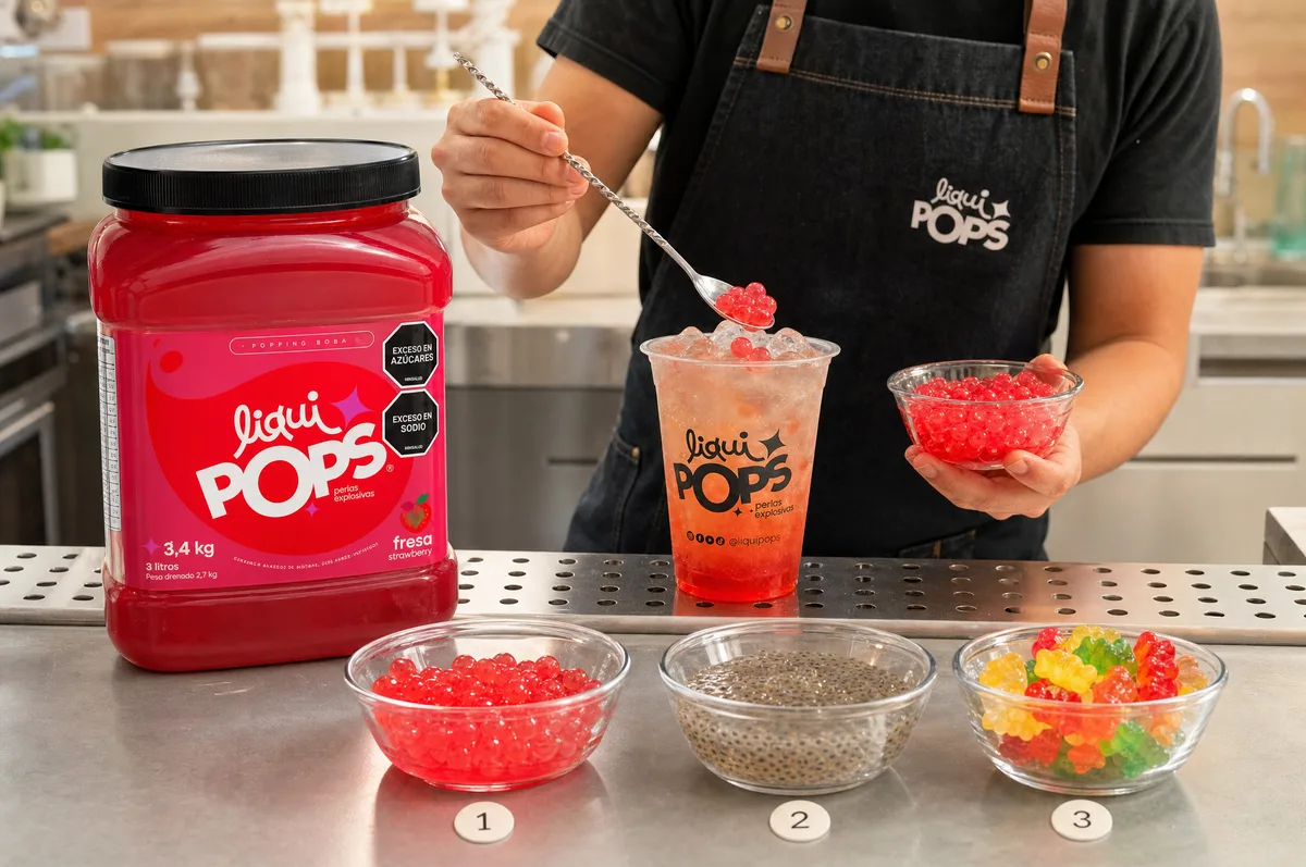 Tarro de perlas explosivas LiquiPops sabor fresa junto a una soda con perlas y cuencos de toppings — comparativa de coberturas en barra de bebidas