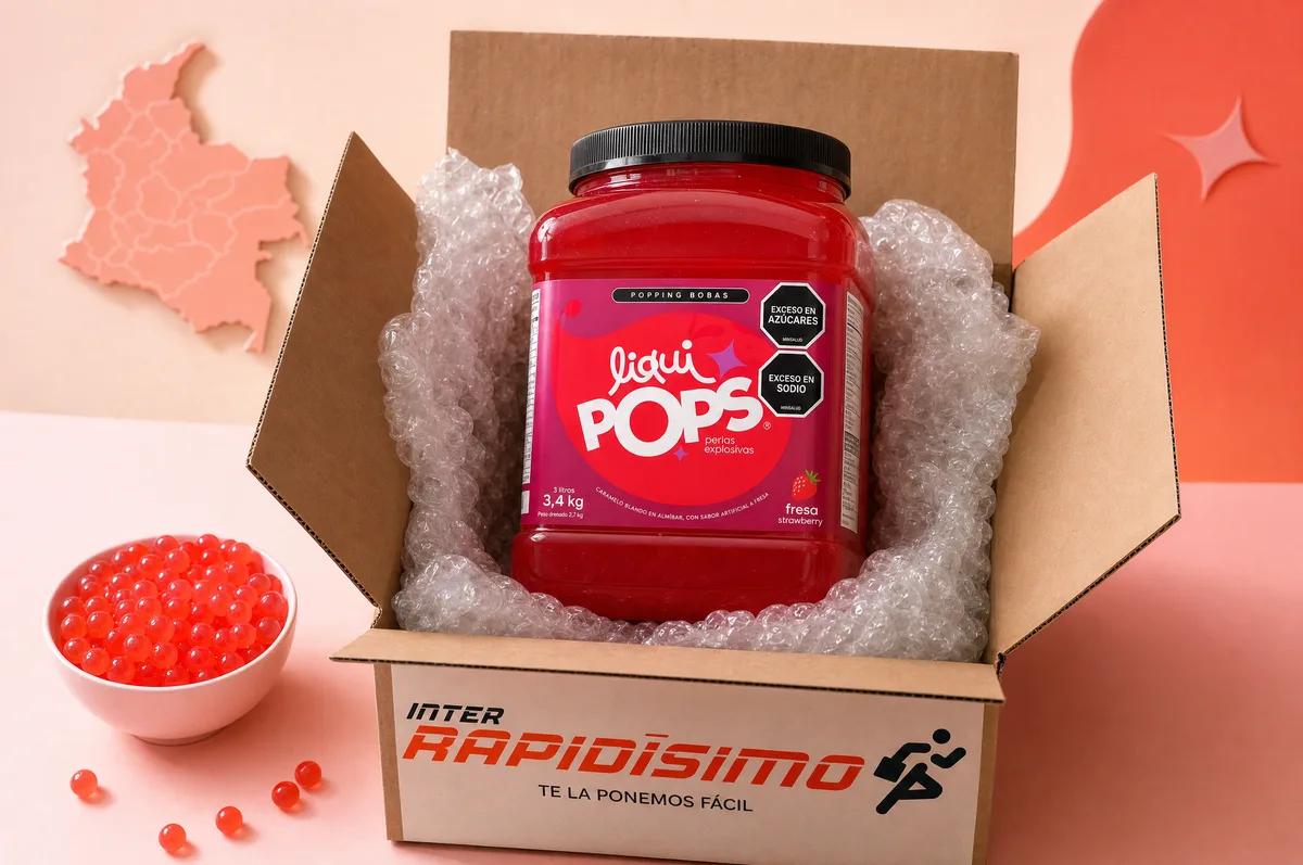Tarro de perlas explosivas LiquiPops sabor fresa en caja de envio Interrapidisimo con burbuja protectora