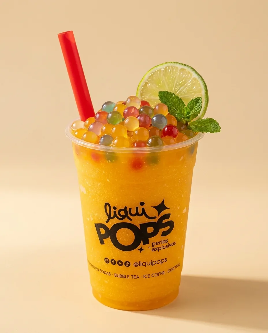 Tarro de perlas explosivas sabor fresa LiquiPops junto a granizado con perlas de colores — para venta al por mayor en Colombia